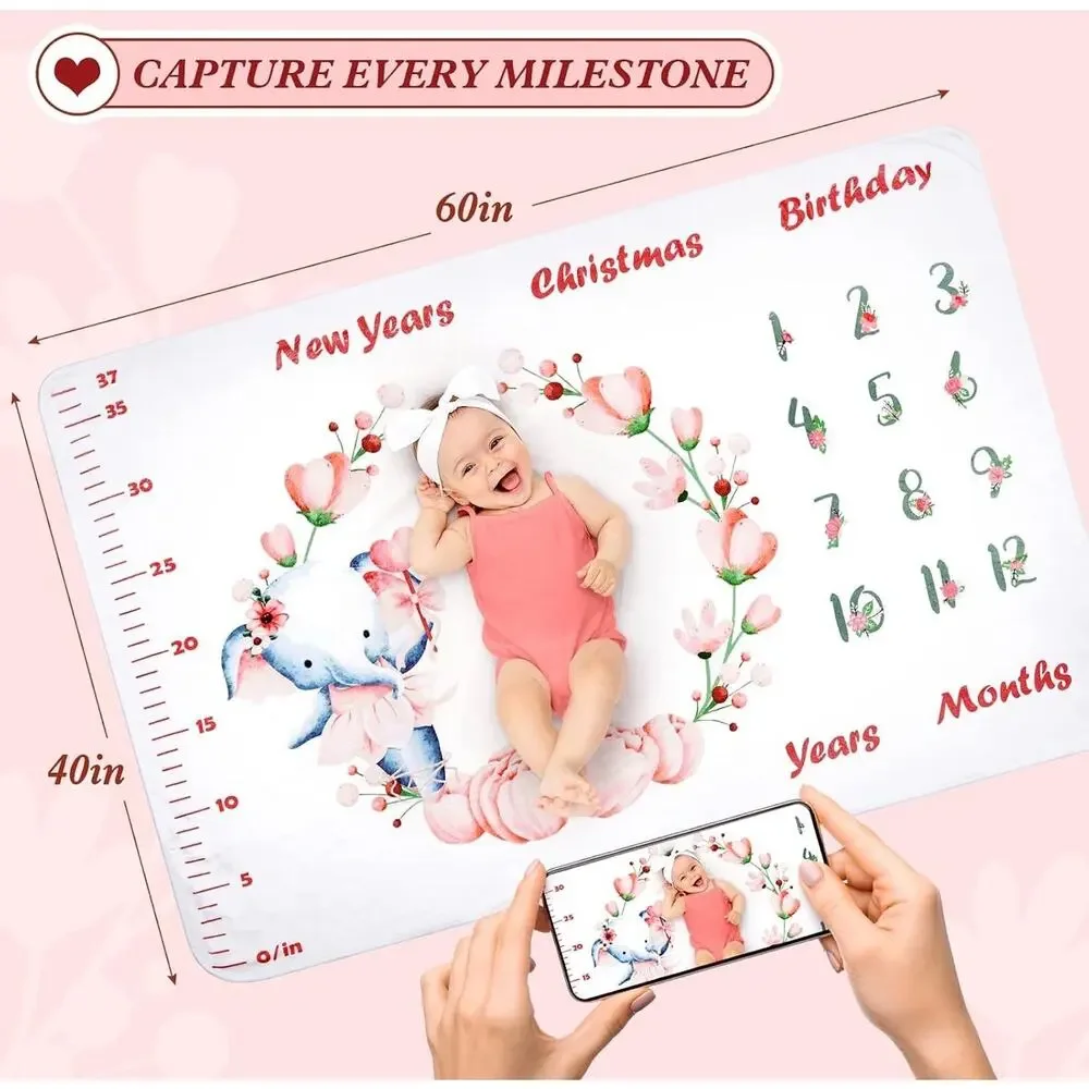 NIB Oak Leaf Baby Girl Milestone Blanket 60x40 Elephant Floral Growth Tracker